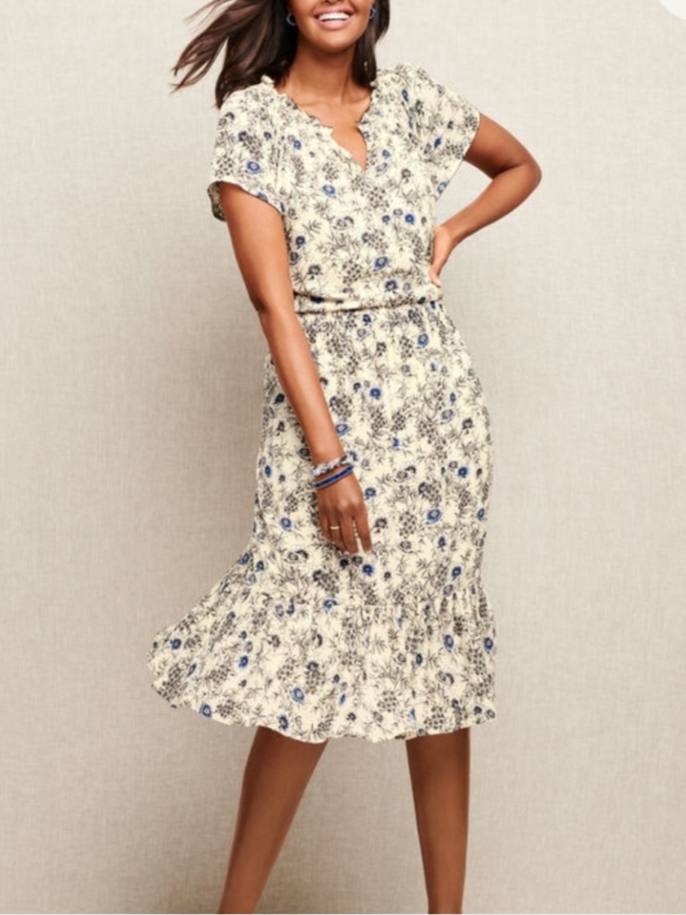 Talbots Floral Smocked Midi Dress, Size SM. Ivory Blue Crepe